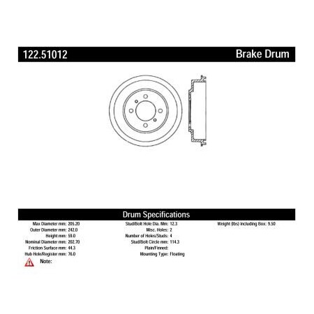 Centric Premium Brake Drum, Parts 122.51012